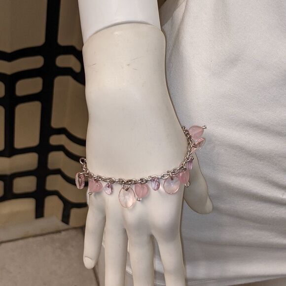 Bracelet. Pink heart & oval beads, clear & solid - Picture 6 of 9
